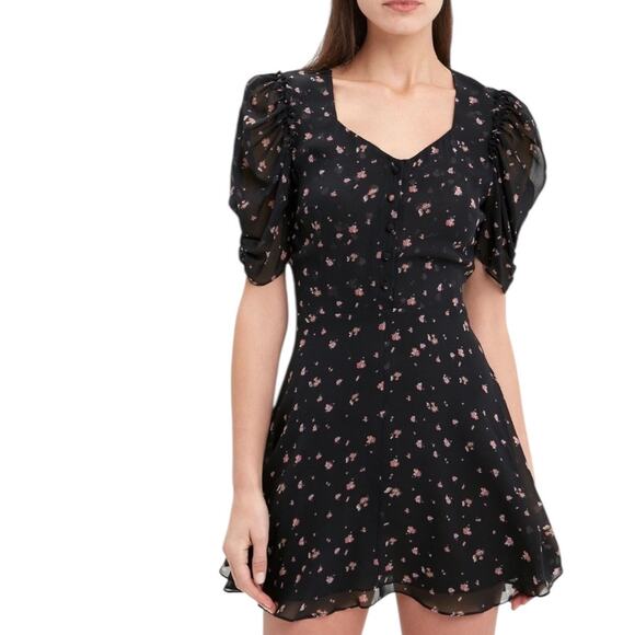 Love Shack Fancy Cora Silk Mini Dress Black Pink Floral Print Sheer Sleev M - Picture 1 of 16